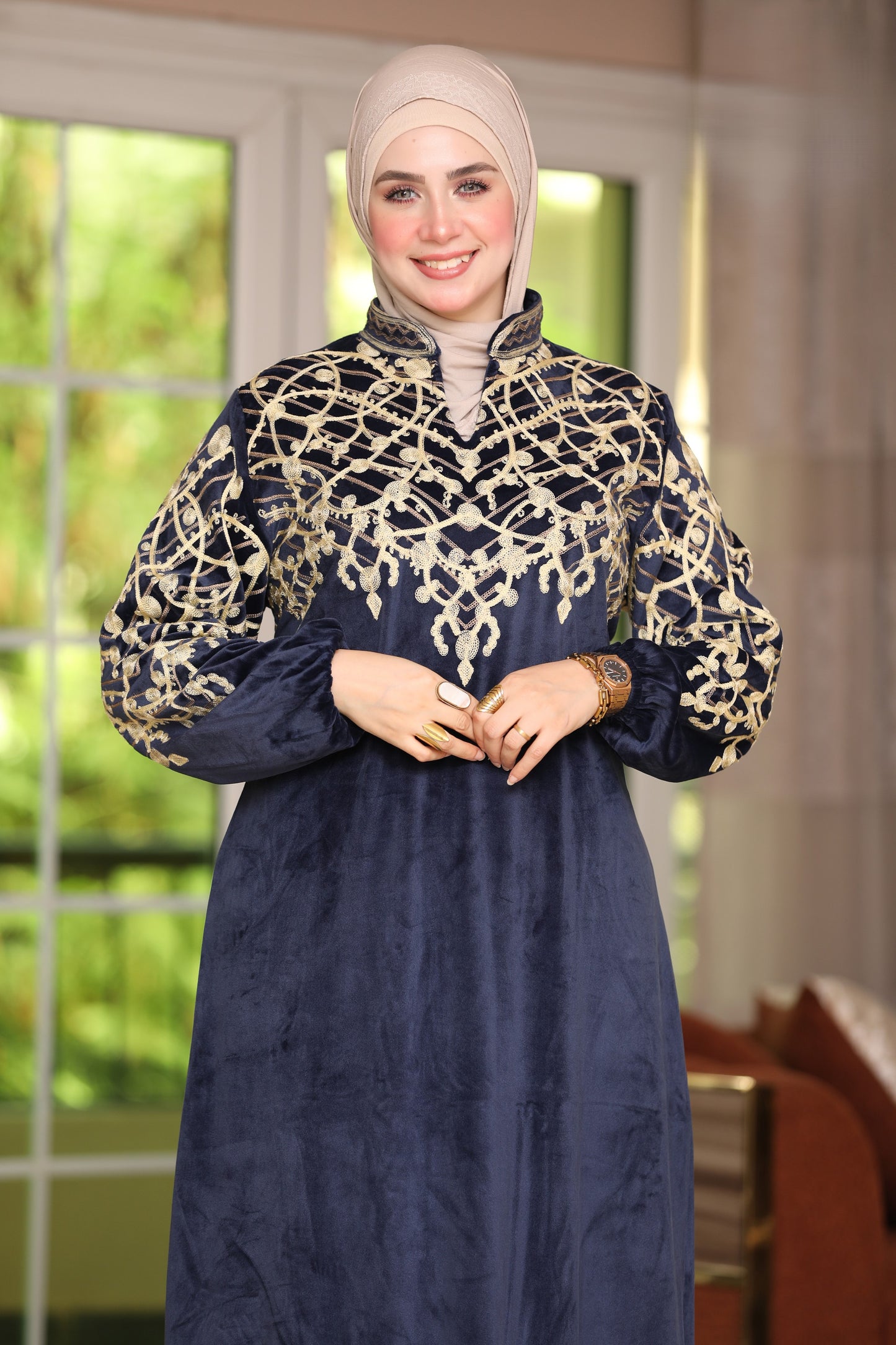 Velvet abaya with mesh embroidery