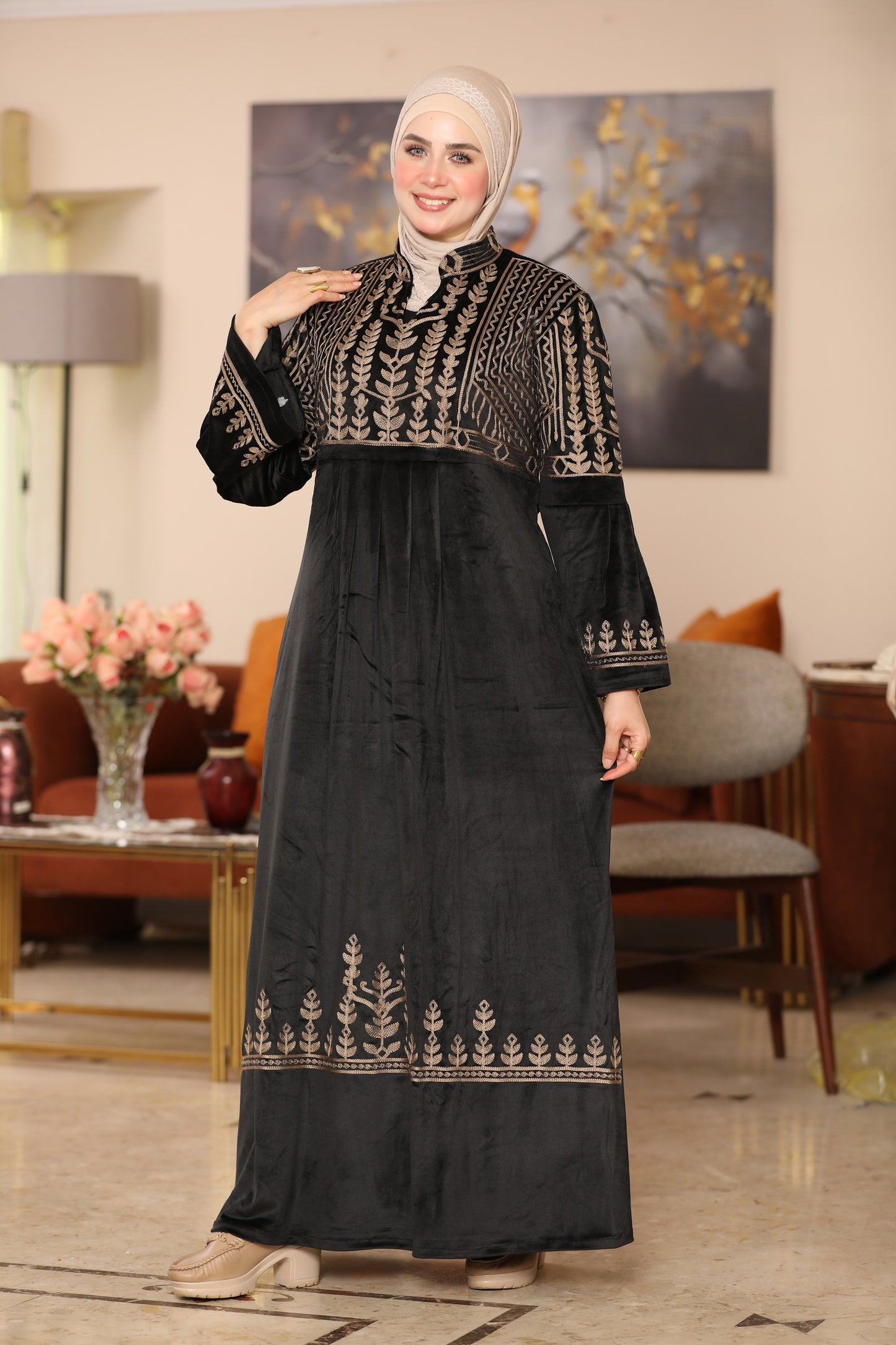 Embroidered velvet abaya