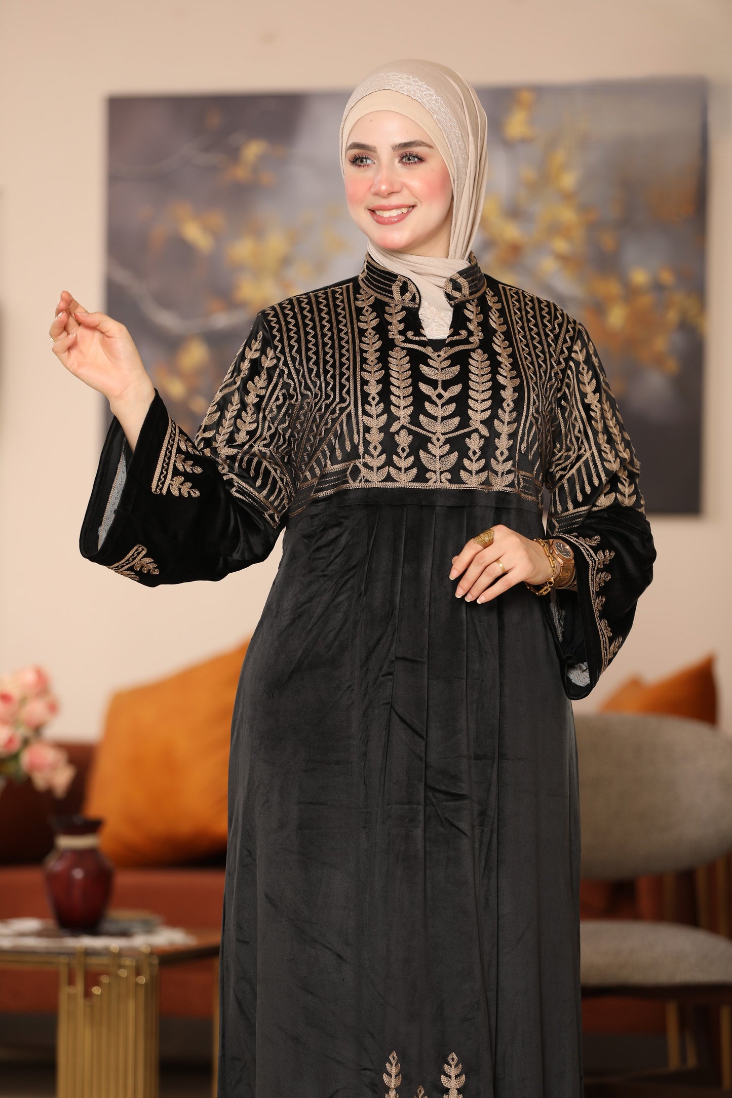 Embroidered velvet abaya