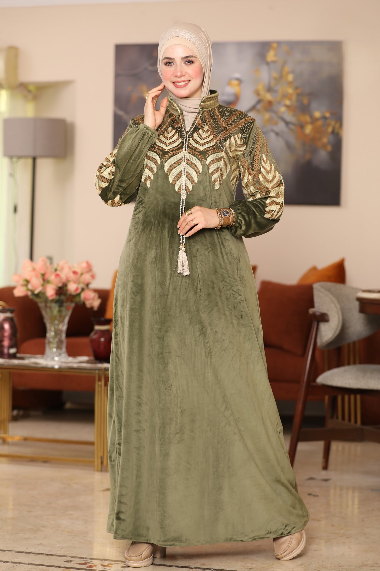 Embroidered velvet abaya