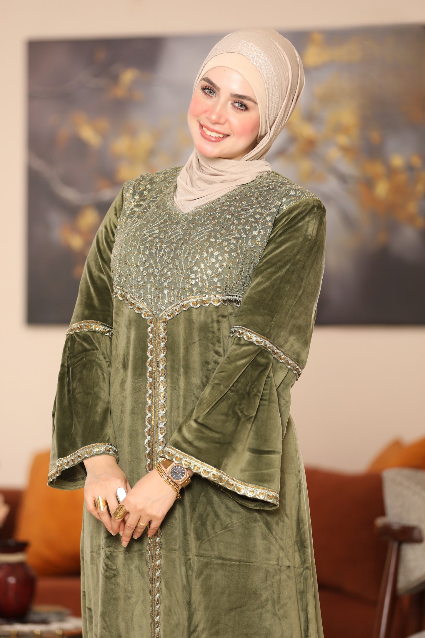 Velvet abaya with Indian embroidery
