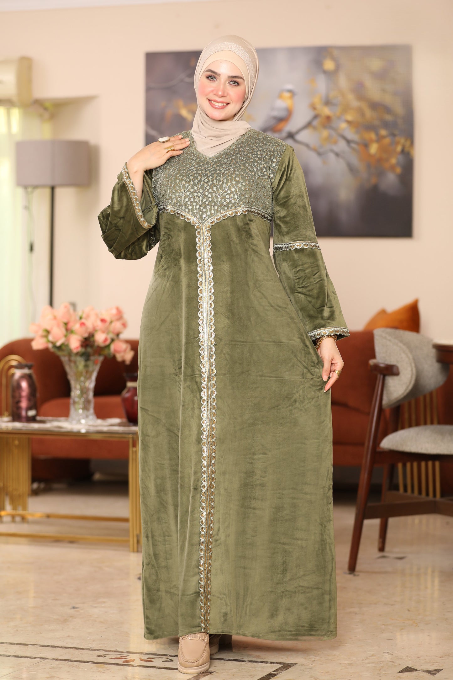 Velvet abaya with Indian embroidery