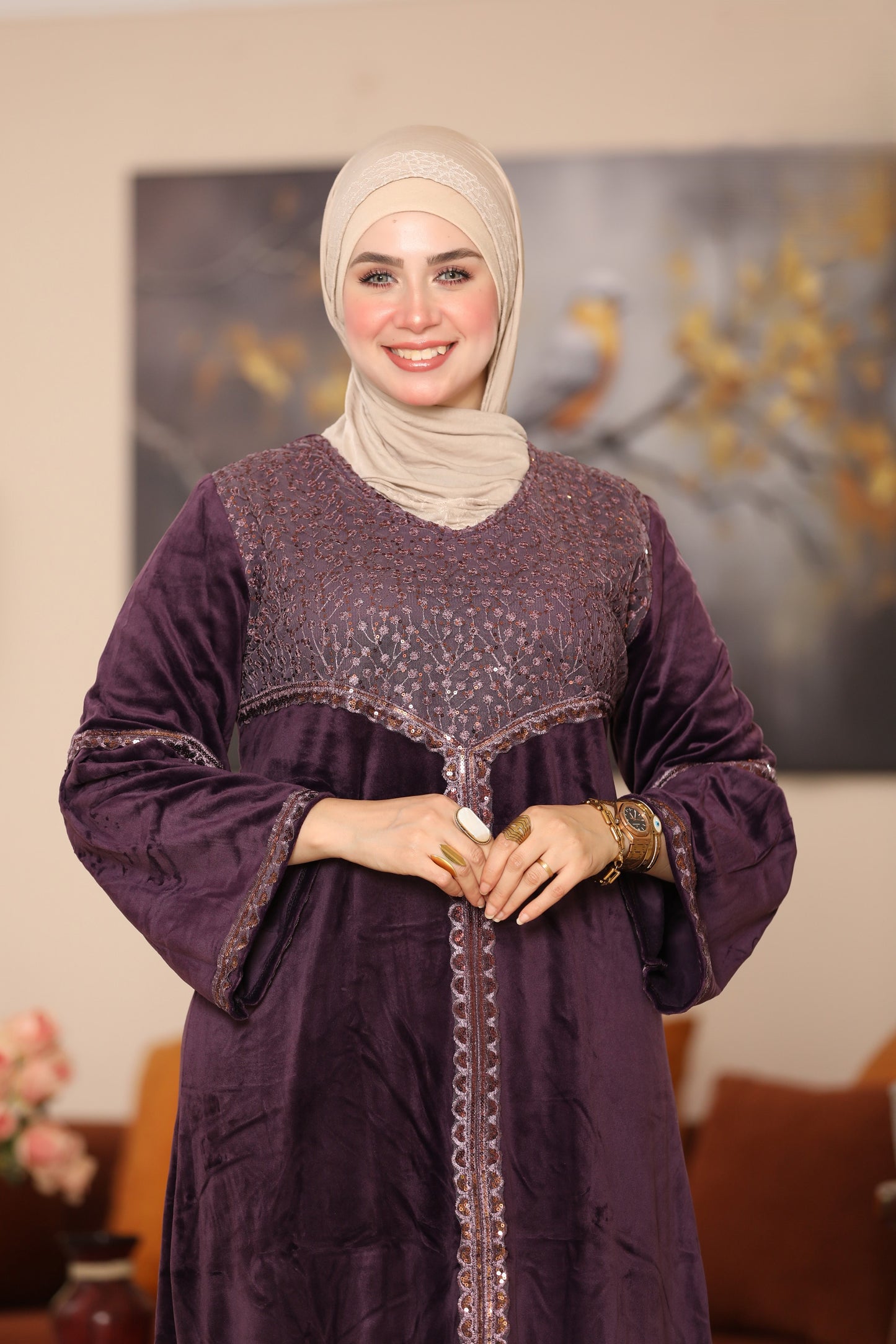 Velvet abaya with Indian embroidery