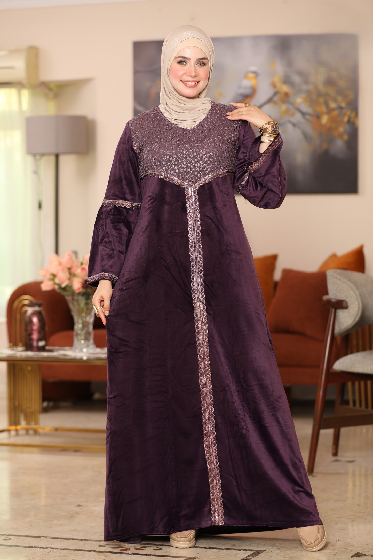 Velvet abaya with Indian embroidery