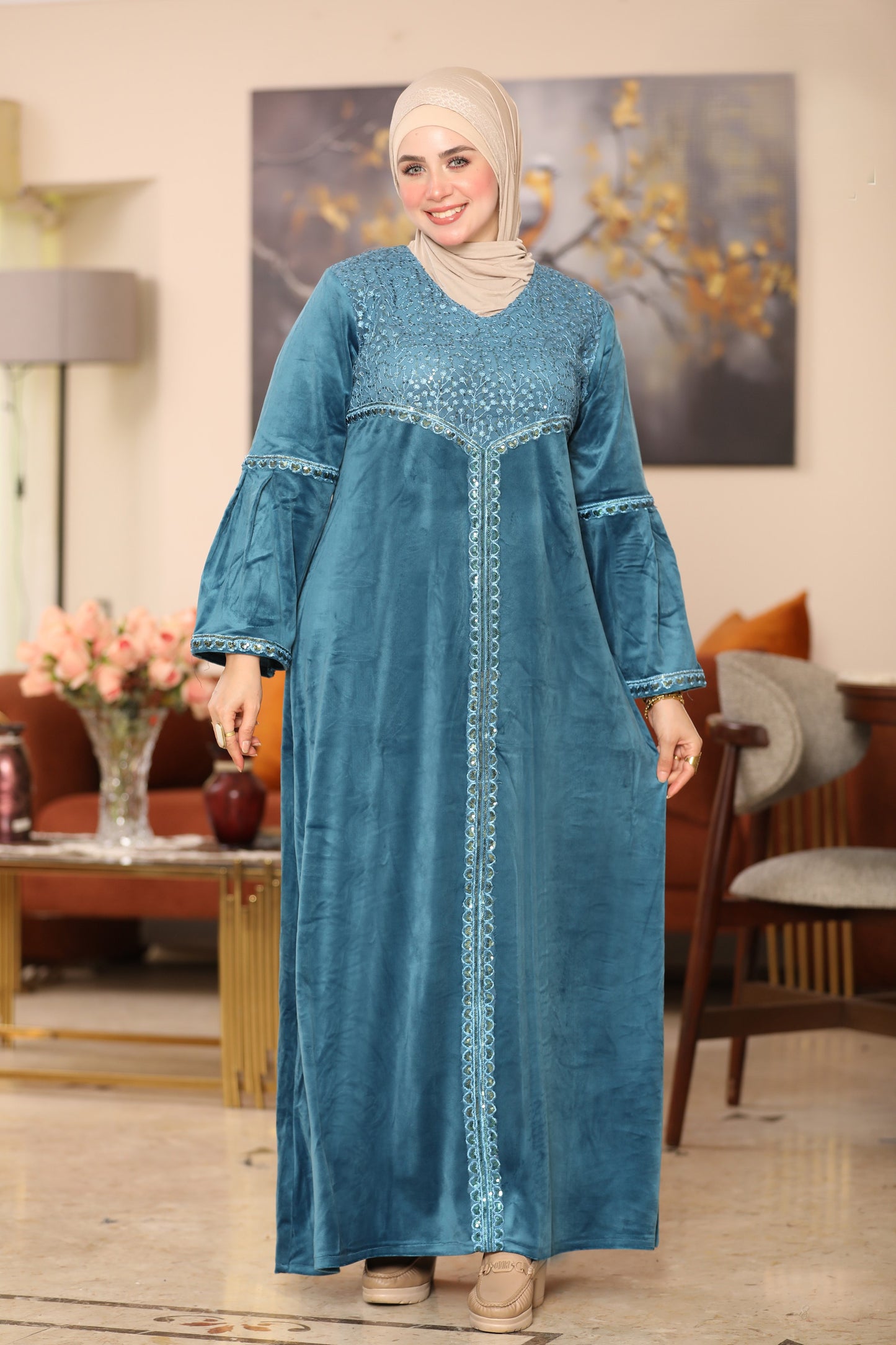 Velvet abaya with Indian embroidery