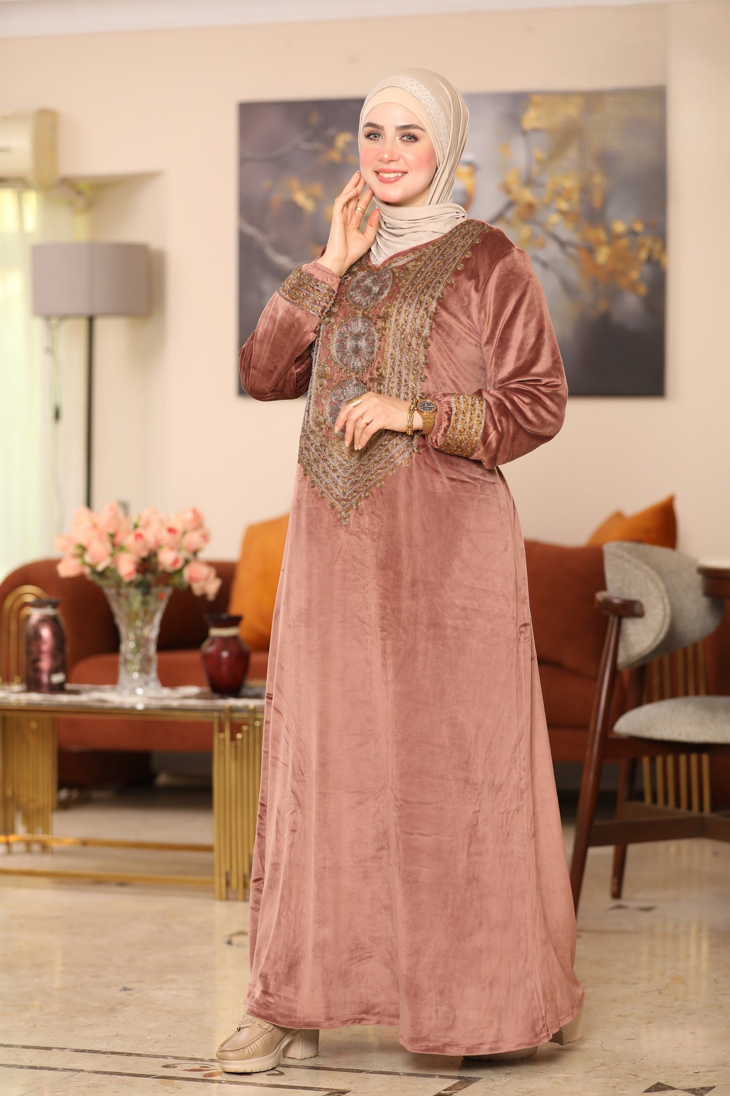 Embroidered velvet abaya