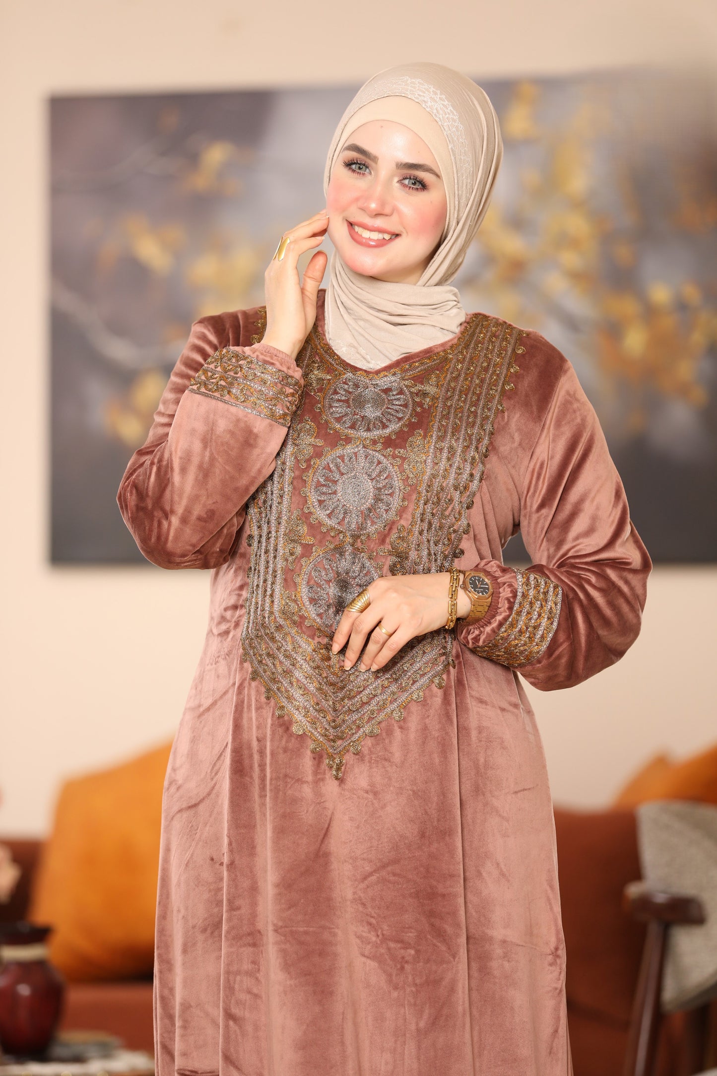 Embroidered velvet abaya