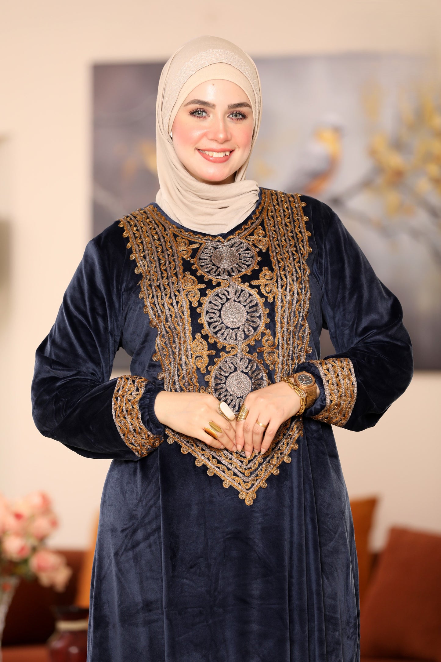 Embroidered velvet abaya