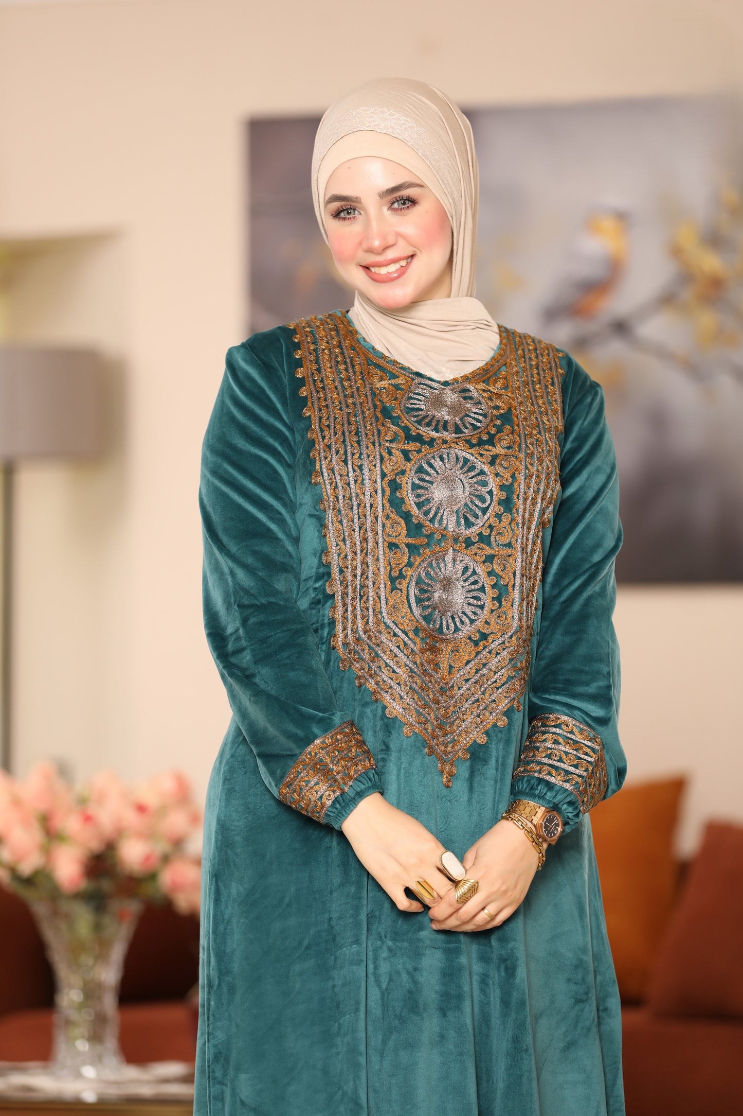 Embroidered velvet abaya