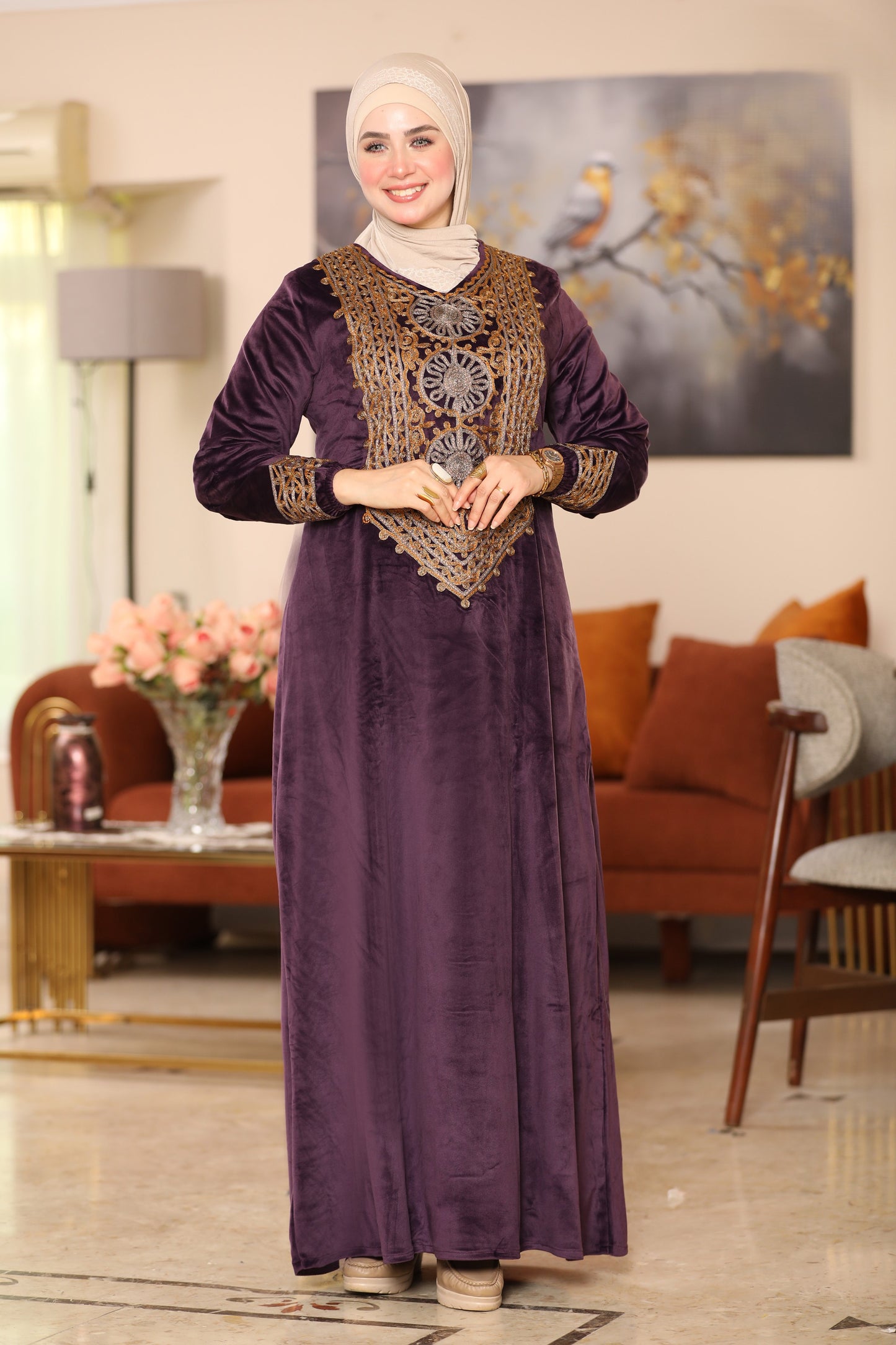 Embroidered velvet abaya