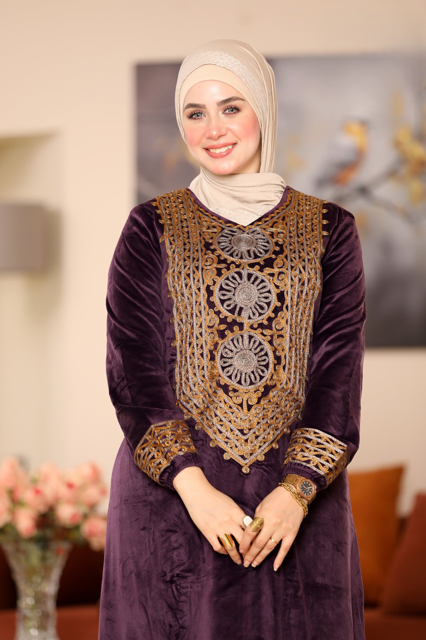 Embroidered velvet abaya