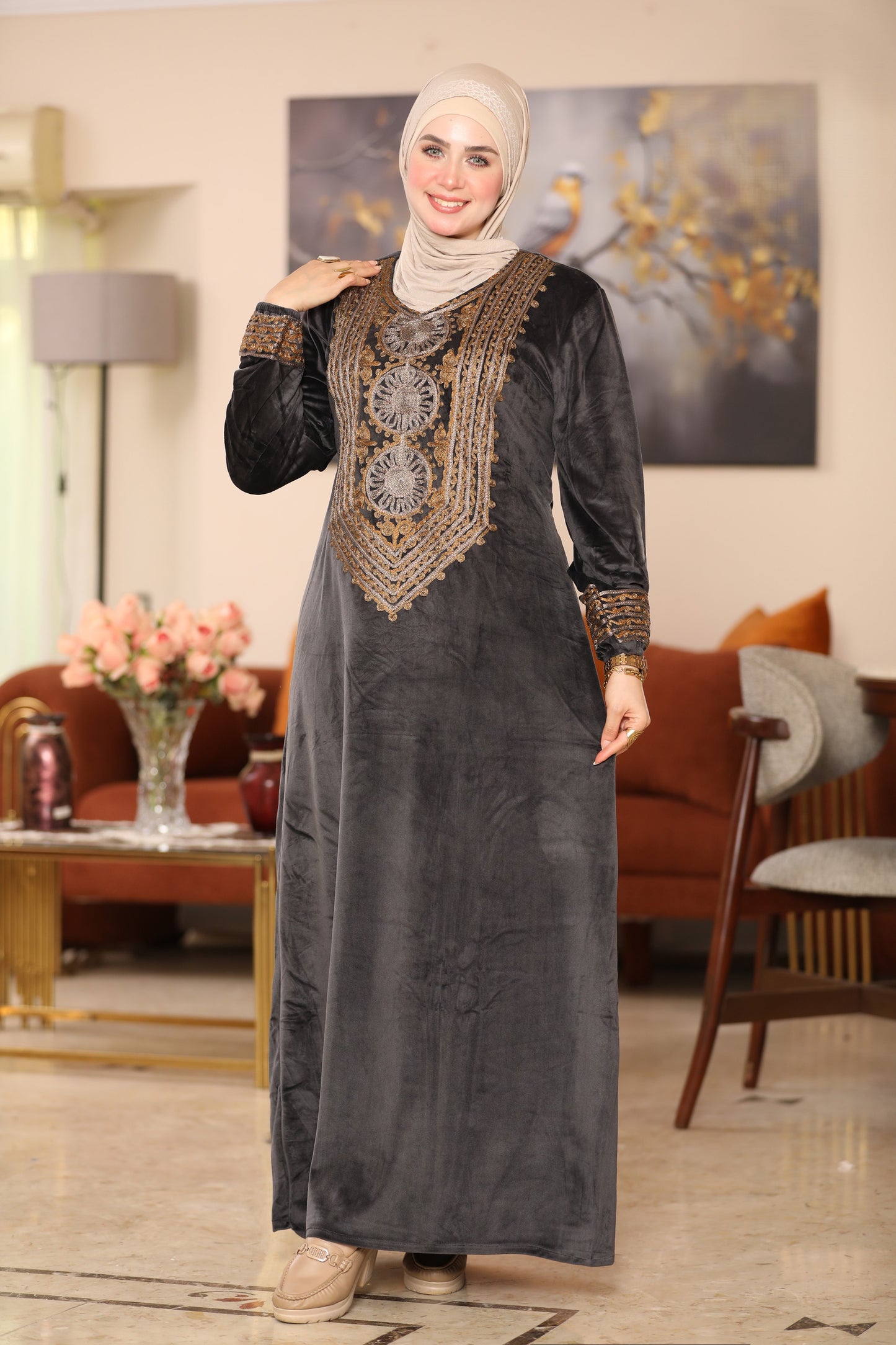 Embroidered velvet abaya