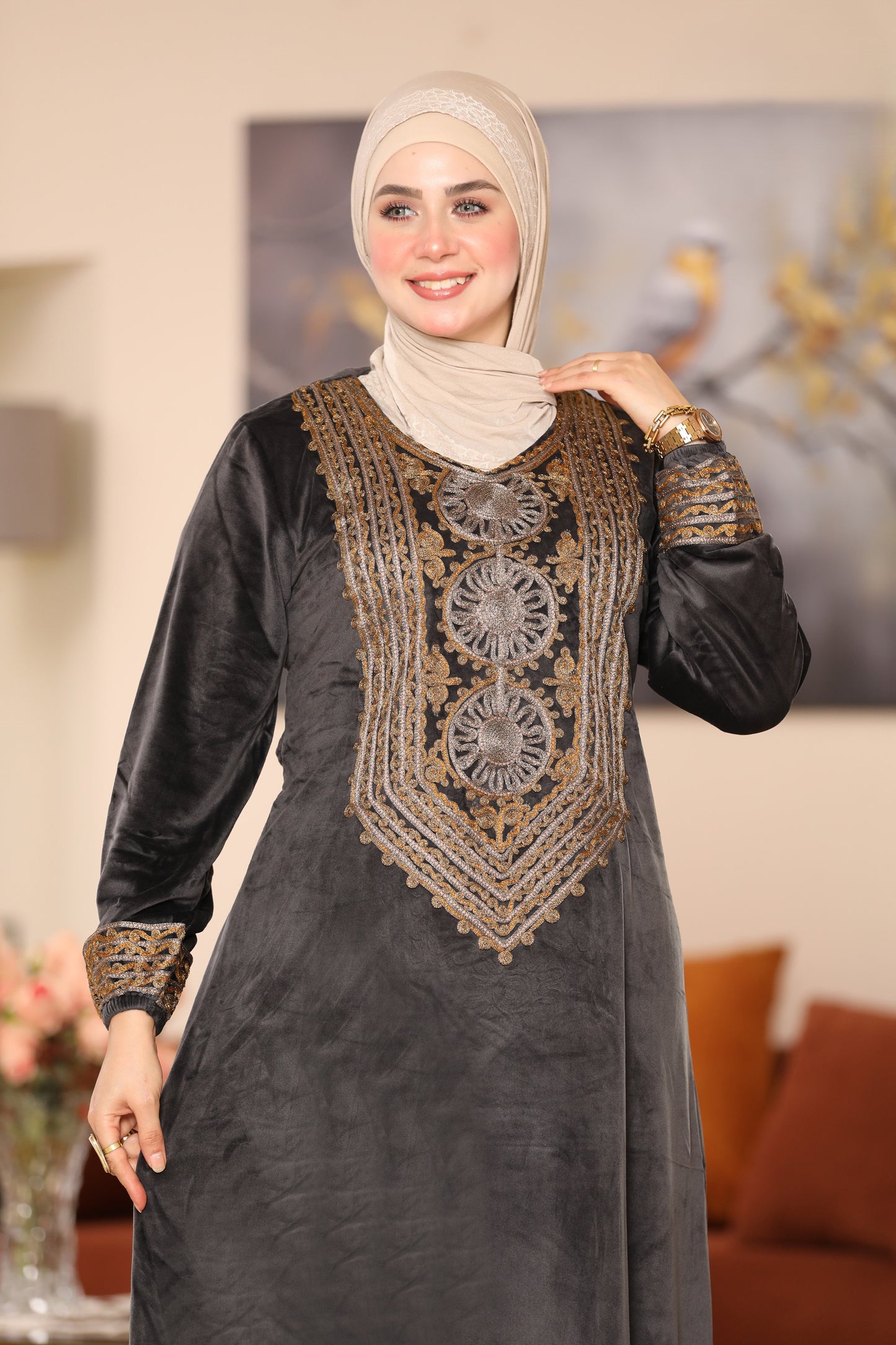 Embroidered velvet abaya