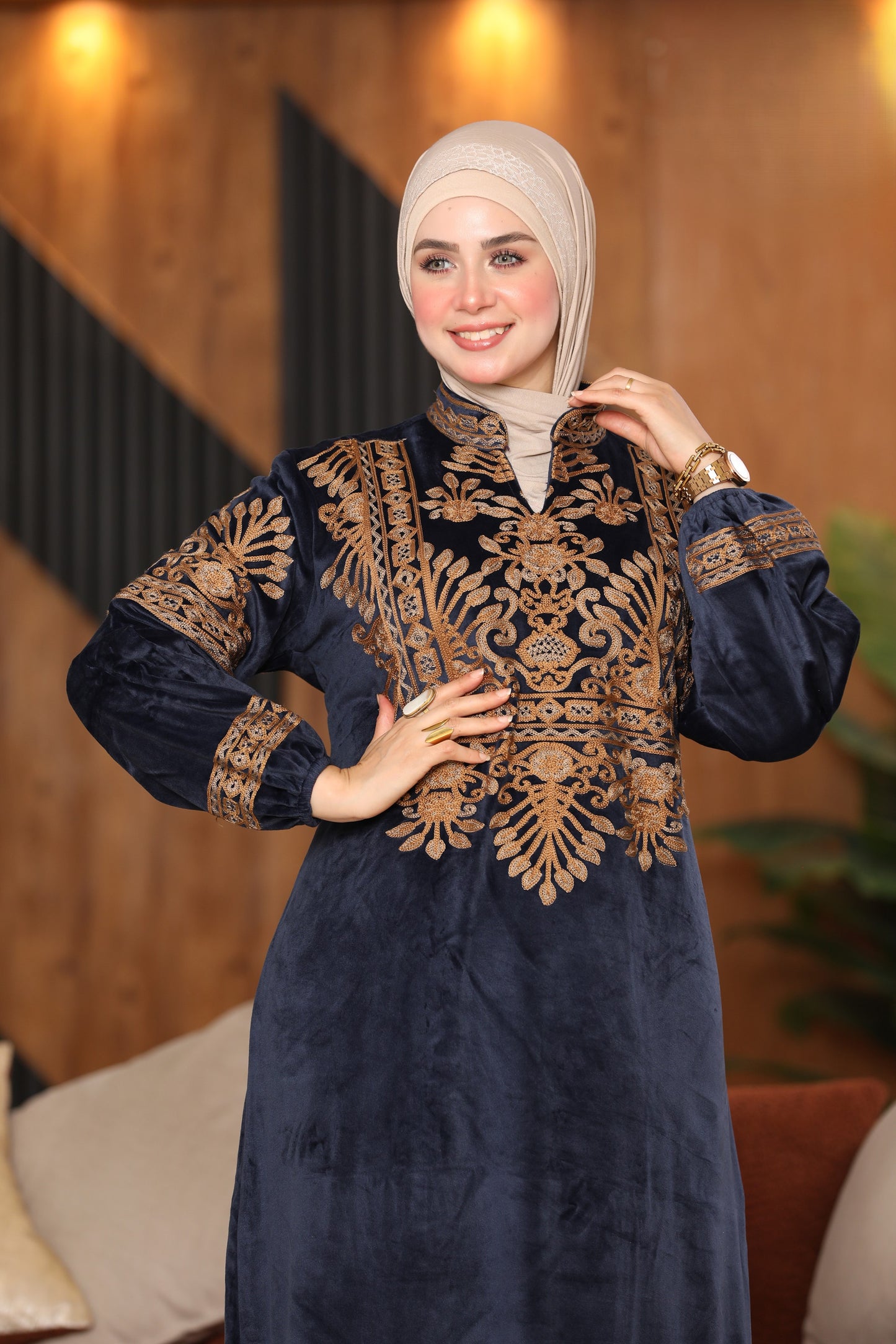 Velvet abaya with embroidered chest and back