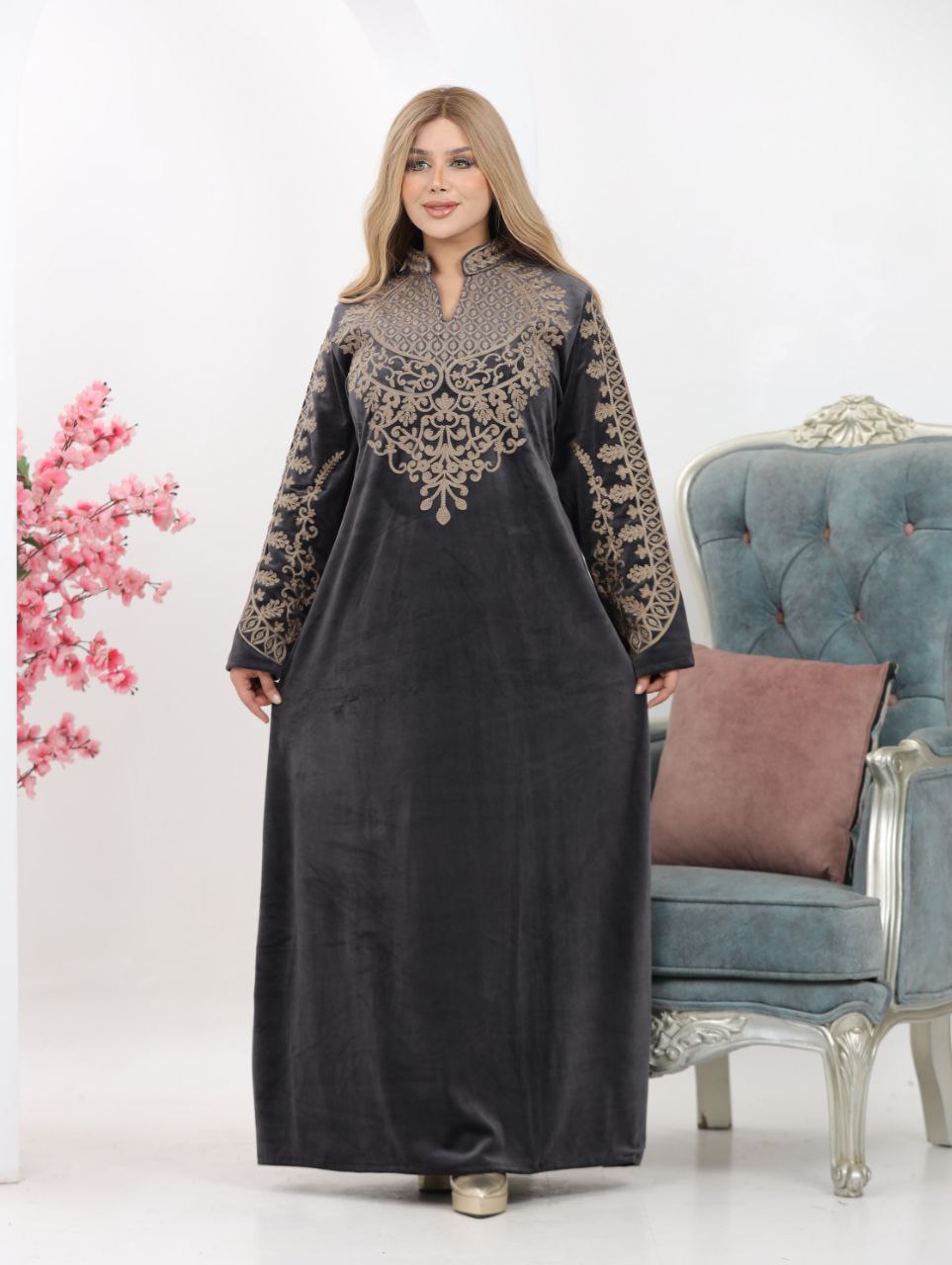 Embroidered velvet abaya
