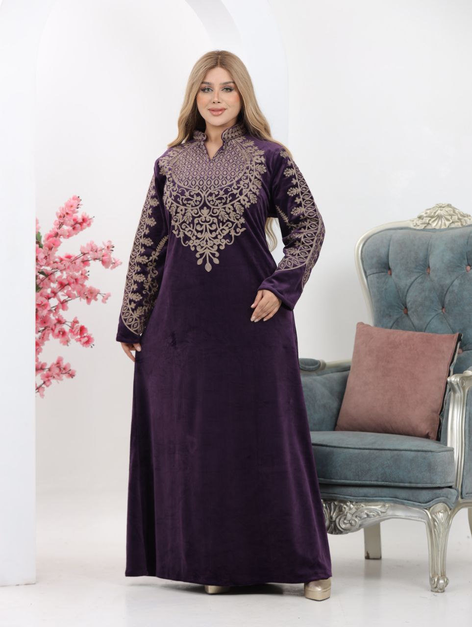 Embroidered velvet abaya