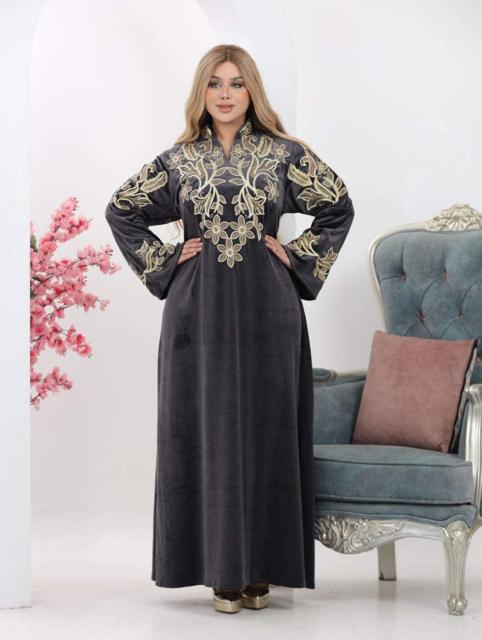 Embroidered velvet abaya