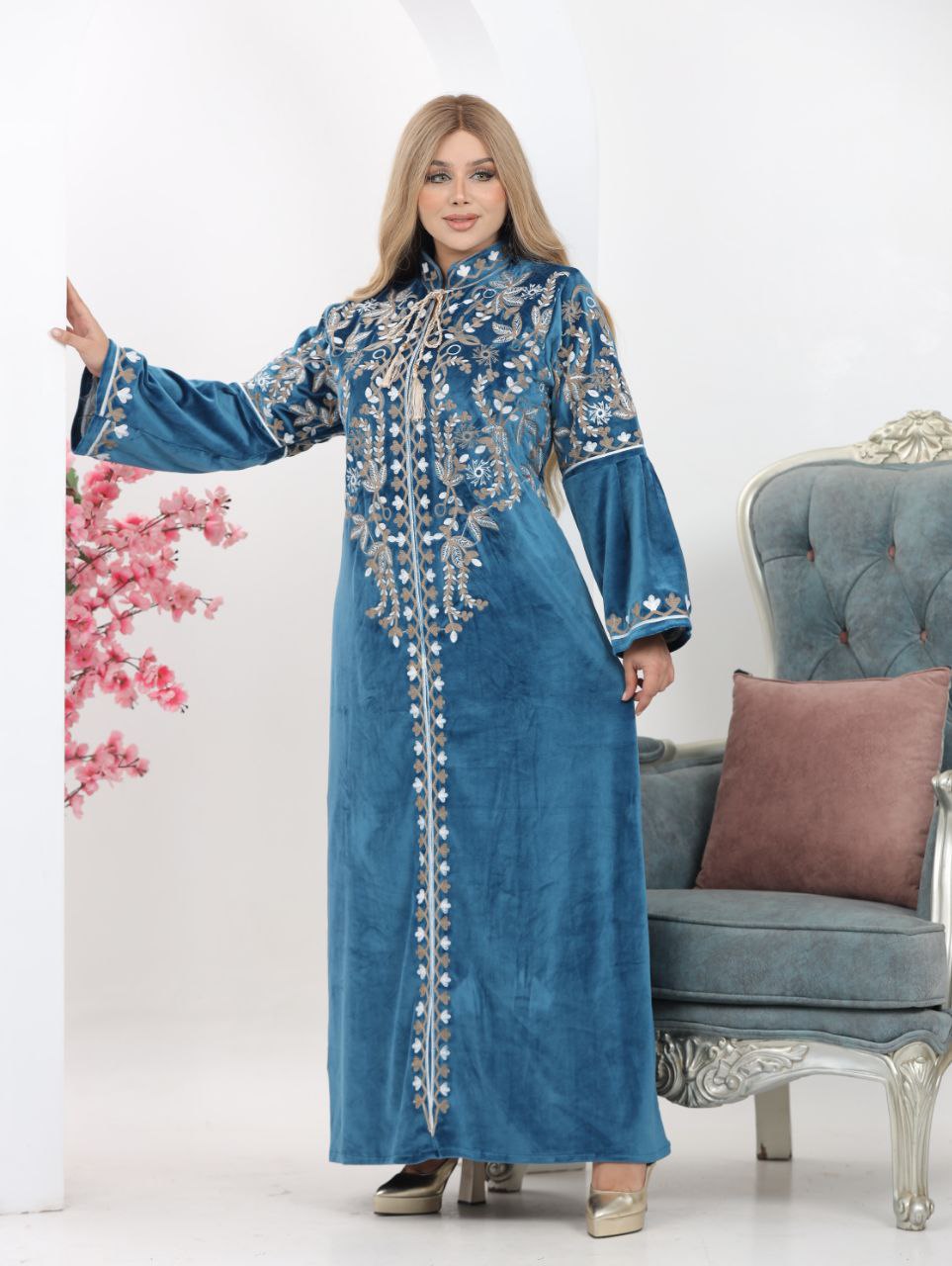 Embroidered velvet abaya