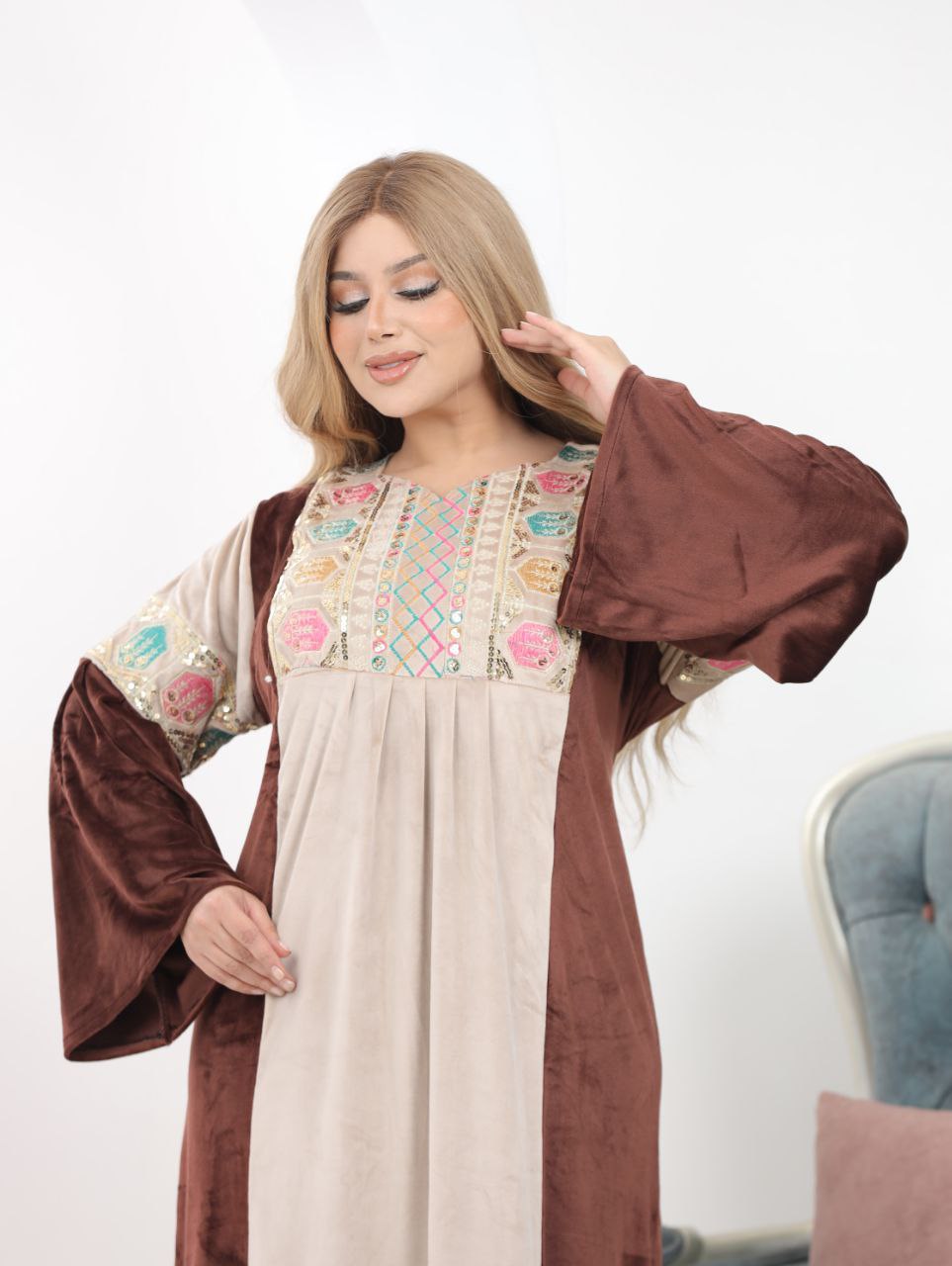 Haidi Velvet Abaya in Two-Tone Design