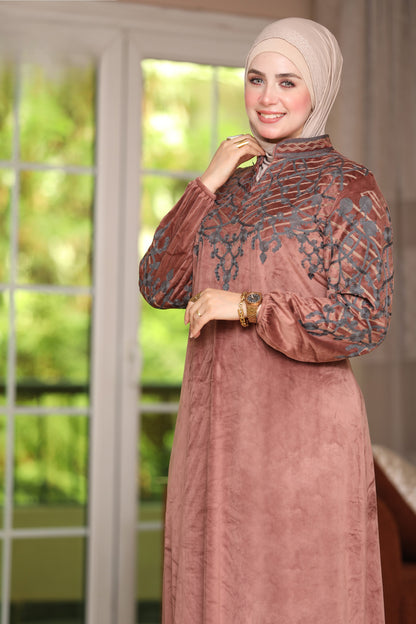 Velvet abaya with mesh embroidery