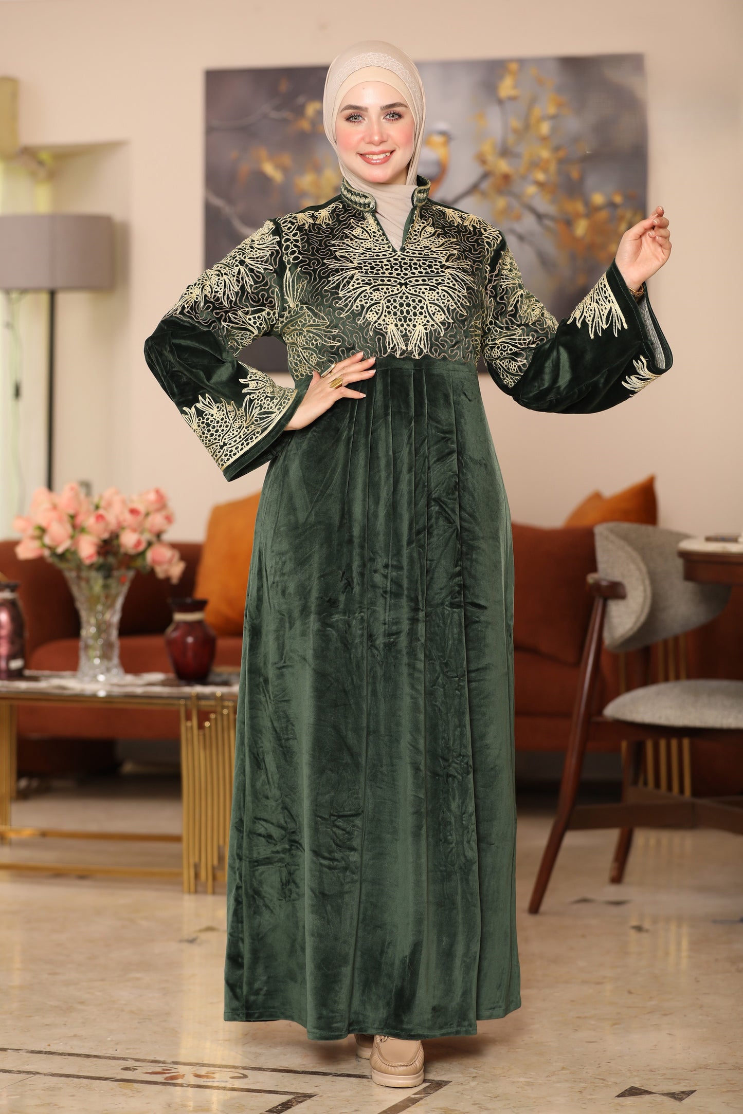 Embroidered velvet abaya