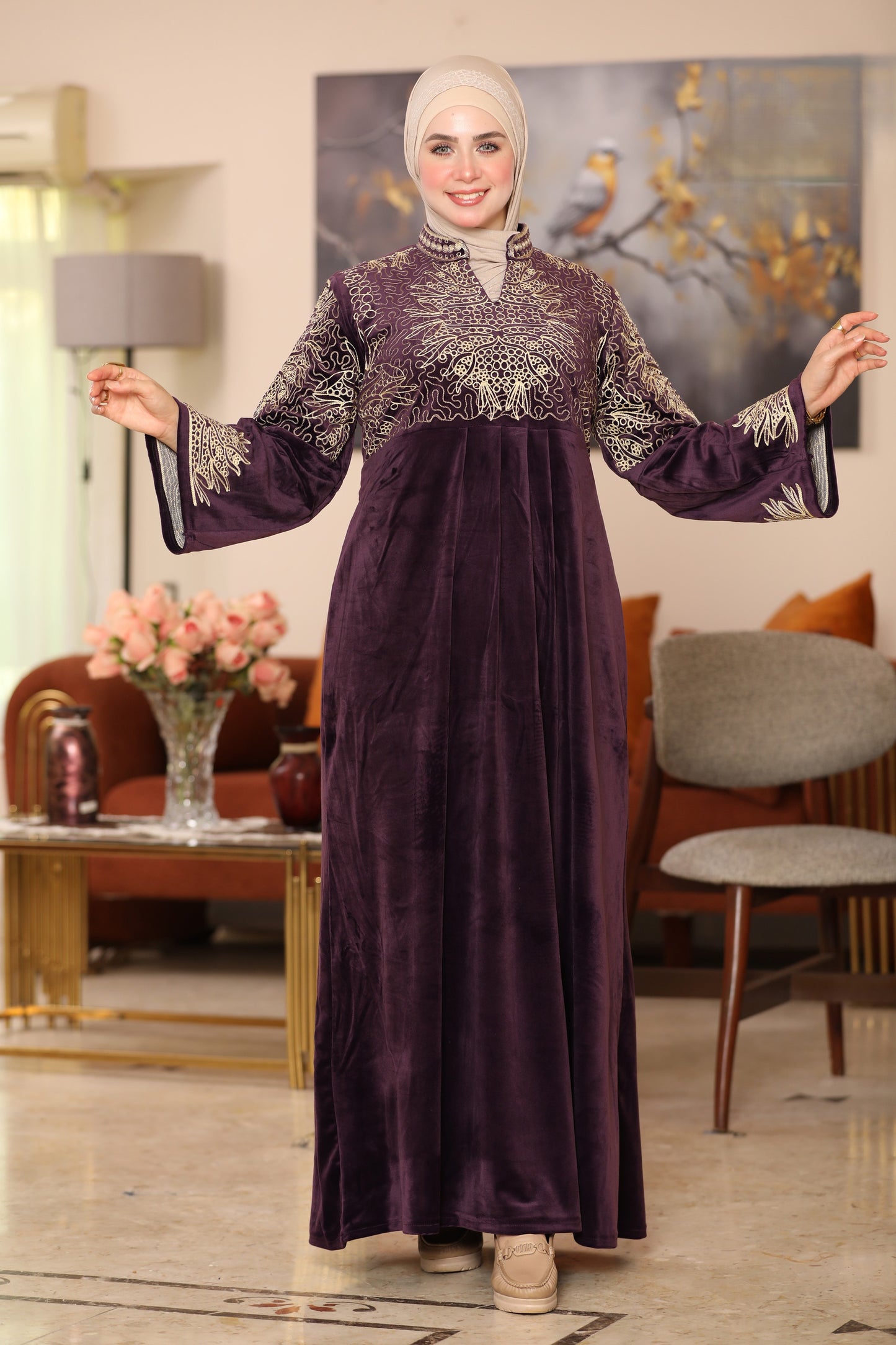 Embroidered velvet abaya