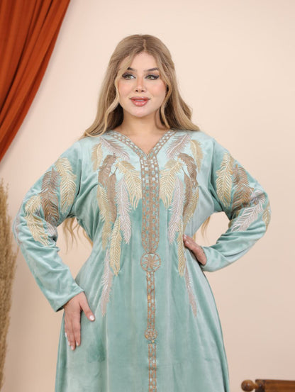 Velvet abaya with feather embroidery