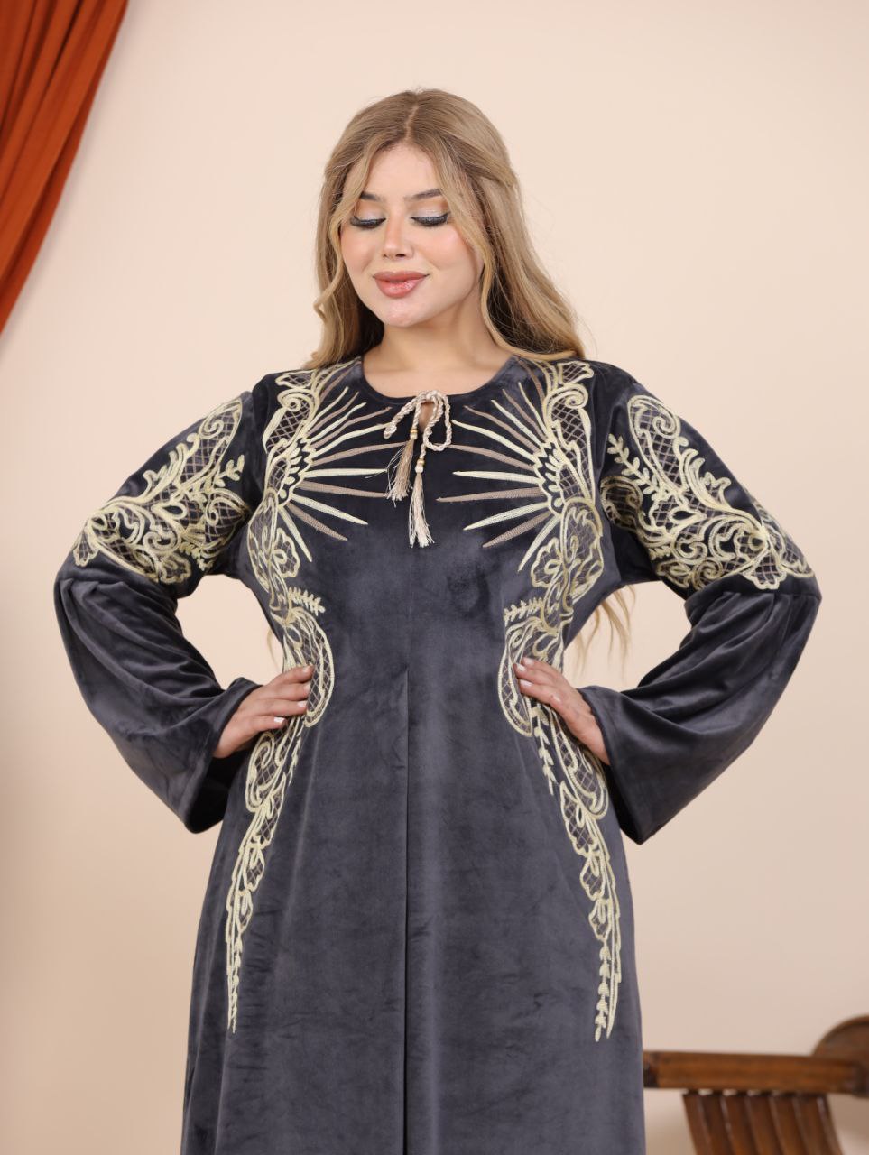 Embroidered velvet abaya