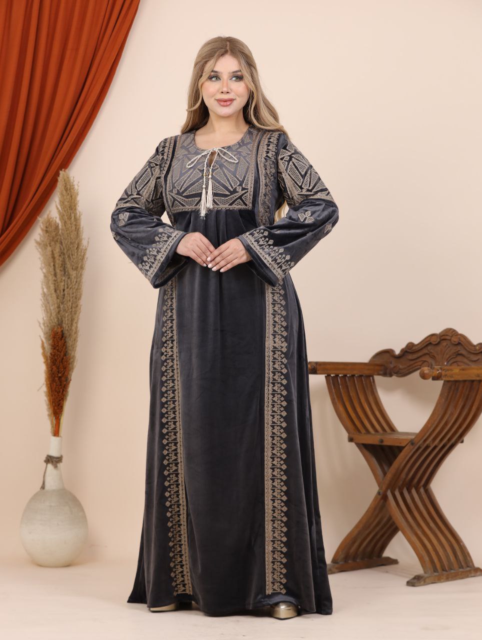 Embroidered velvet abaya
