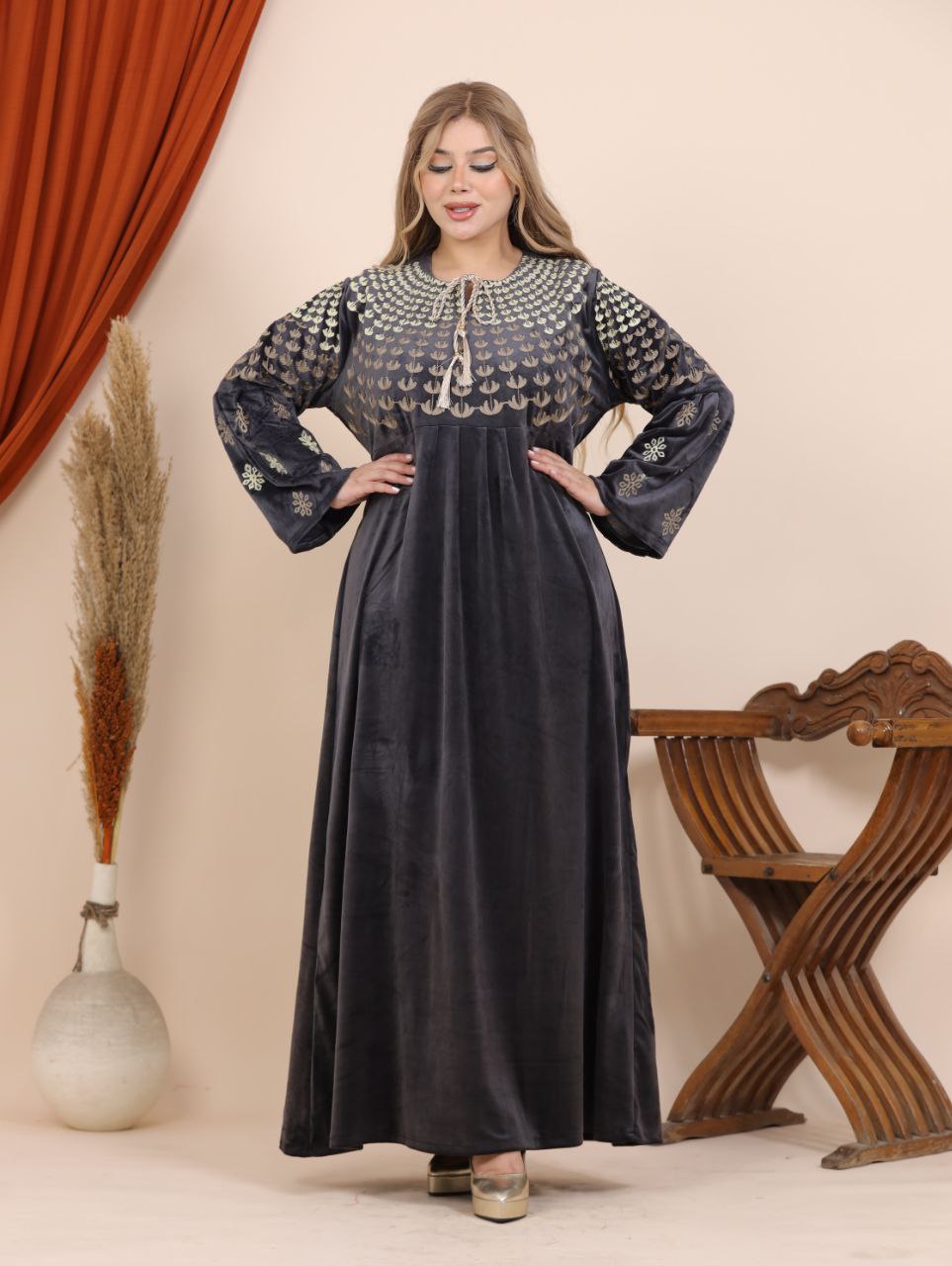 Embroidered velvet abaya