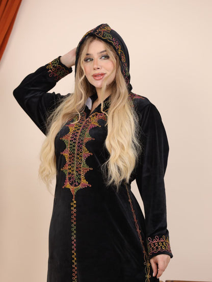Velvet abaya embroidered with a hood